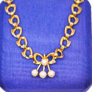 DCE Curtis Signed Vintage 14K Gold Filled Pearl Bow Attached Pendant Necklace